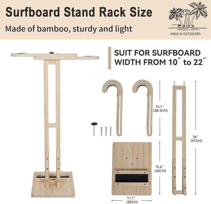HIKULA Surfboard Stand Racks, Indoor Display Stand Shortboard and Longboard Organizer Floor-Standing Design, Storage & Display for Surfboard and Skimboard, Polished Beach Wooden - Image 2